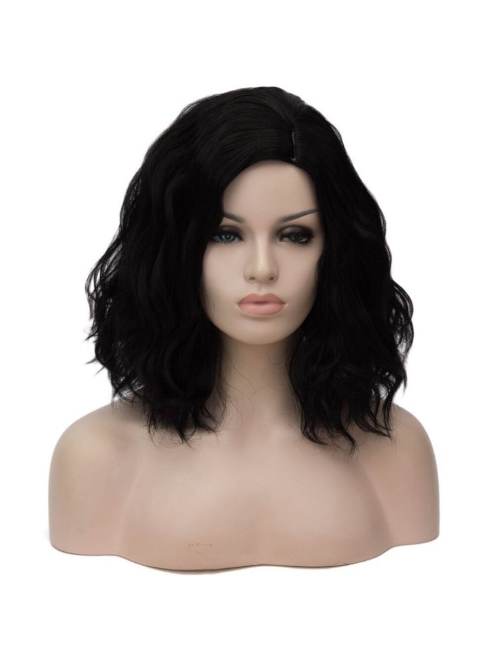 Women's Dark Black Wavy Curly Bob Wig Heat Resistant Cosplay Halloween Party